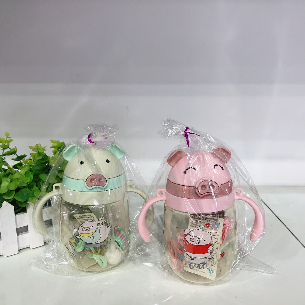 Bình Nước Chống Sặc Hình Heo Có Tay Cầm Kèm Quai Đeo Dung Tích 415ML