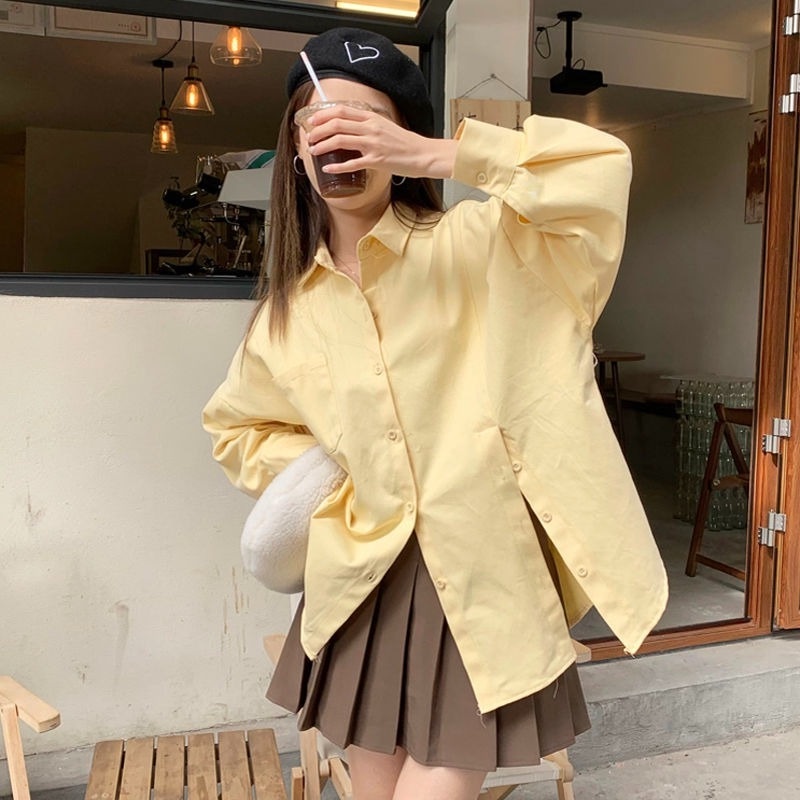 Áo Sơ Mi Tay Dài Dáng Rộng Xẻ Tà Thời Trang Hàn Quốc Cho Nữ
