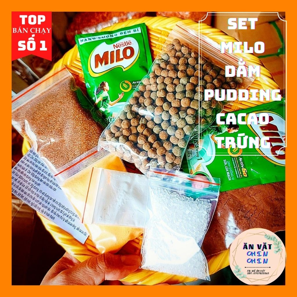 Set milo dầm trân châu, pudding trứng cacao túi 400g, nguyên liệu đầy đủ, tiện lợi