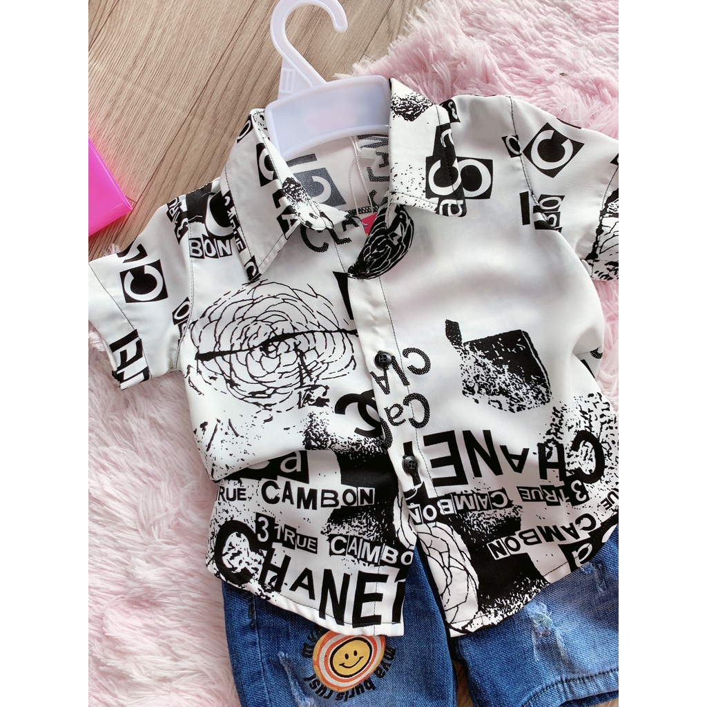 Áo sơ mi bé trai hoạ tiết thương hiệu Chanel cực chất vải lụa mềm mát size bé 10-40kg