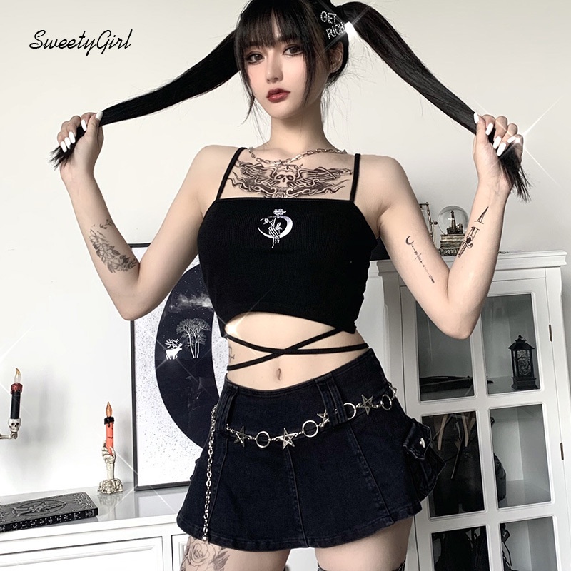 Áo Hai Dây Dáng Ôm Hở Lưng Thêu Hoa Phong Cách Gothic Quyến Rũ Dành Cho Nữ