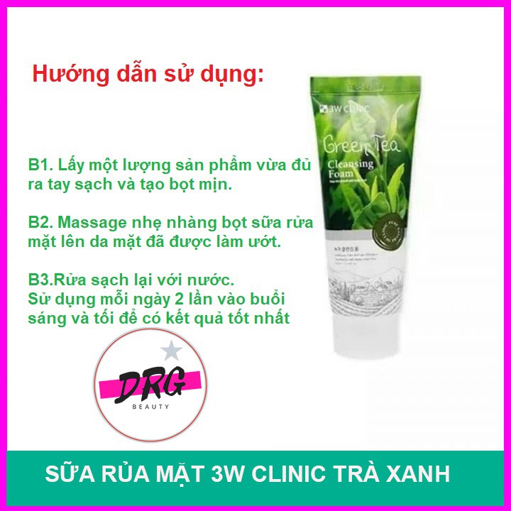 [Sữa rửa mặt trà xanh] [Trà xanh 3w] làm sạch ngăn ngừa mụn 3W CLINIC GREEN TEA CLEANSING FOAM