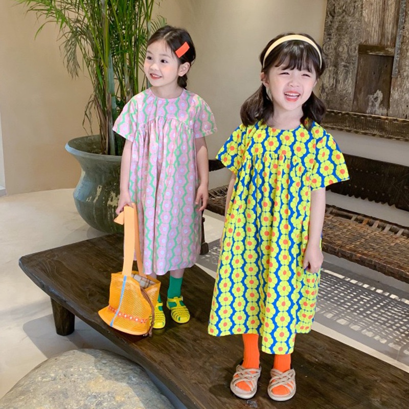 Đầm công chúa form dài cổ tròn in hoa phong cách Hàn Quốc thời trang hè cho bé gái 3-8t