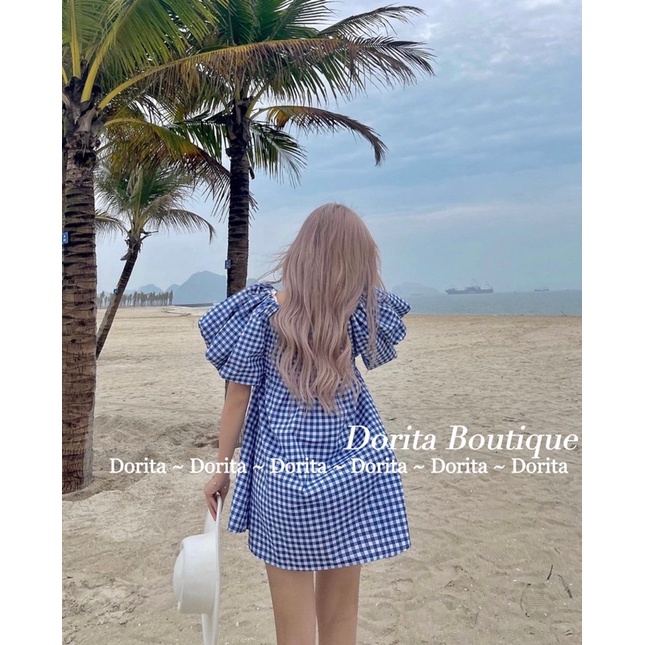 Váy trễ vai caro Daisy tay bồng Hàn Quốc, Đầm Caro xanh Daisy - Dorita Boutique | WebRaoVat - webraovat.net.vn
