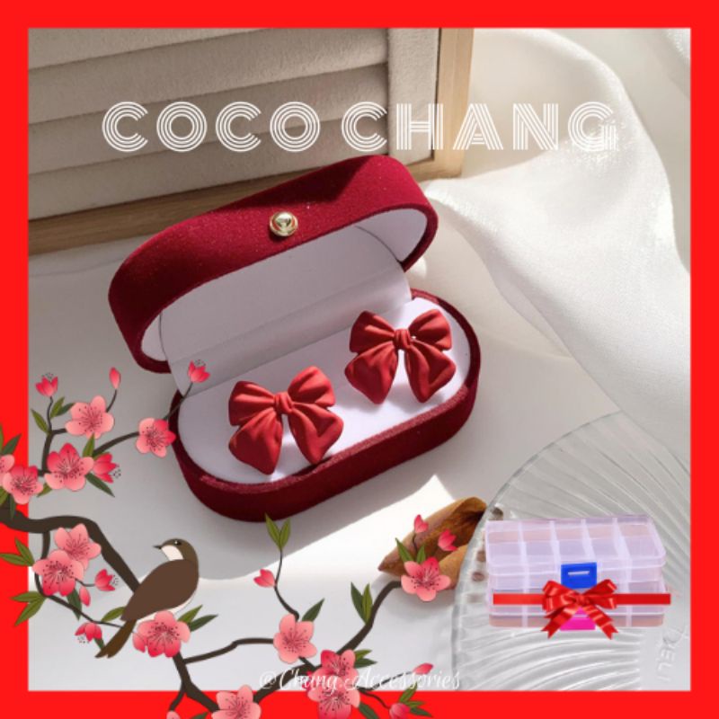 khuyên tai nơ đỏ style tết rực rỡ bông tai dài nhà Chang