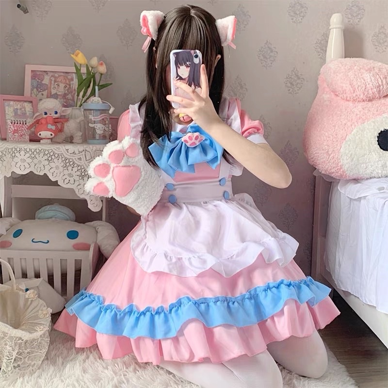 [Full size giao ngay] Maid ngắn cosplay mèo hồng cute đáng yêu dễ thương bộ 5 món | BigBuy360 - bigbuy360.vn