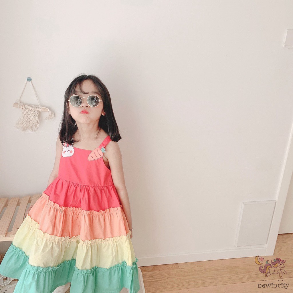 Đầm không tay thiết kế phối màu cầu vồng hoạt hình thời trang Hàn Quốc cho bé gái