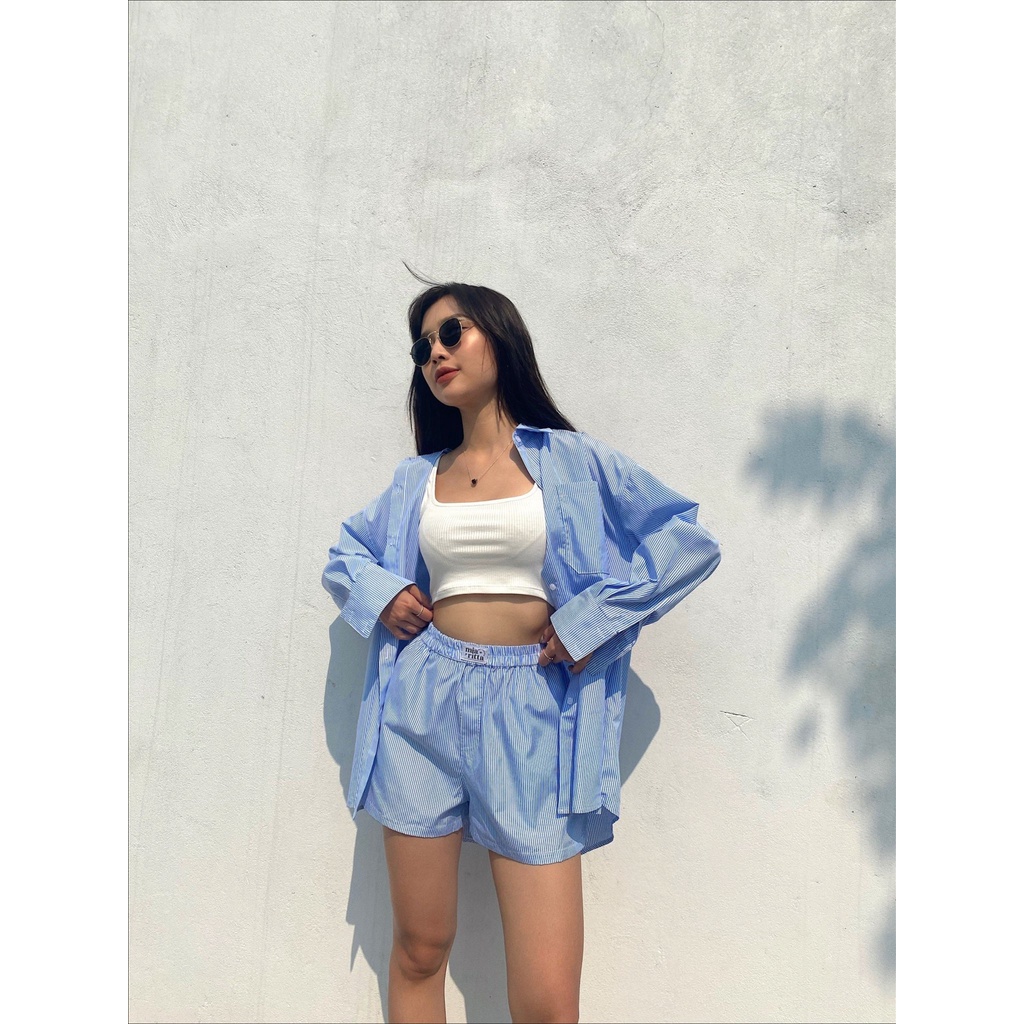 Set sơ mi và shorts kẻ xanh phong cách pyjama Mia Striped Shirt &amp; Boxer Short Mia Ritta A2059 Q381
