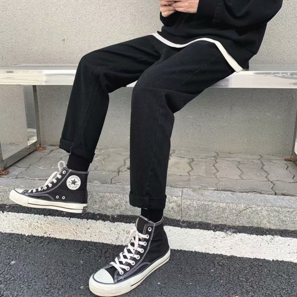 [Tiền Nào Của Đấy]Quần Jean Baggy Nam Ống Rộng Màu Đen Trơn Basic Unisex Vải Co Giãn-B01