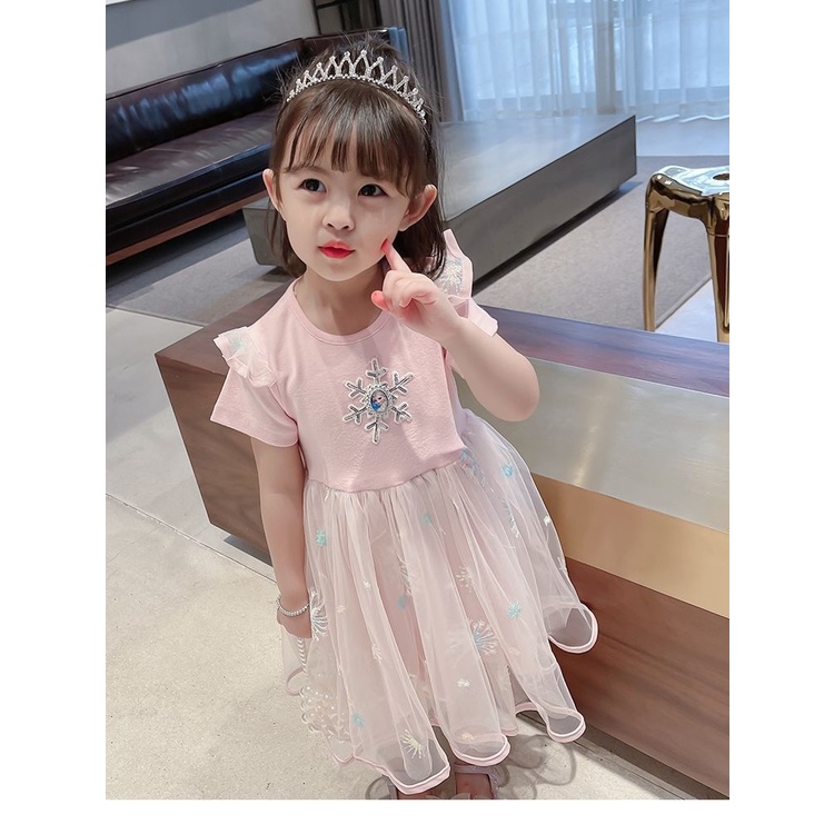 Đầm công chúa Elsa phối lưới tay bèo thời trang mùa hè cho bé gái