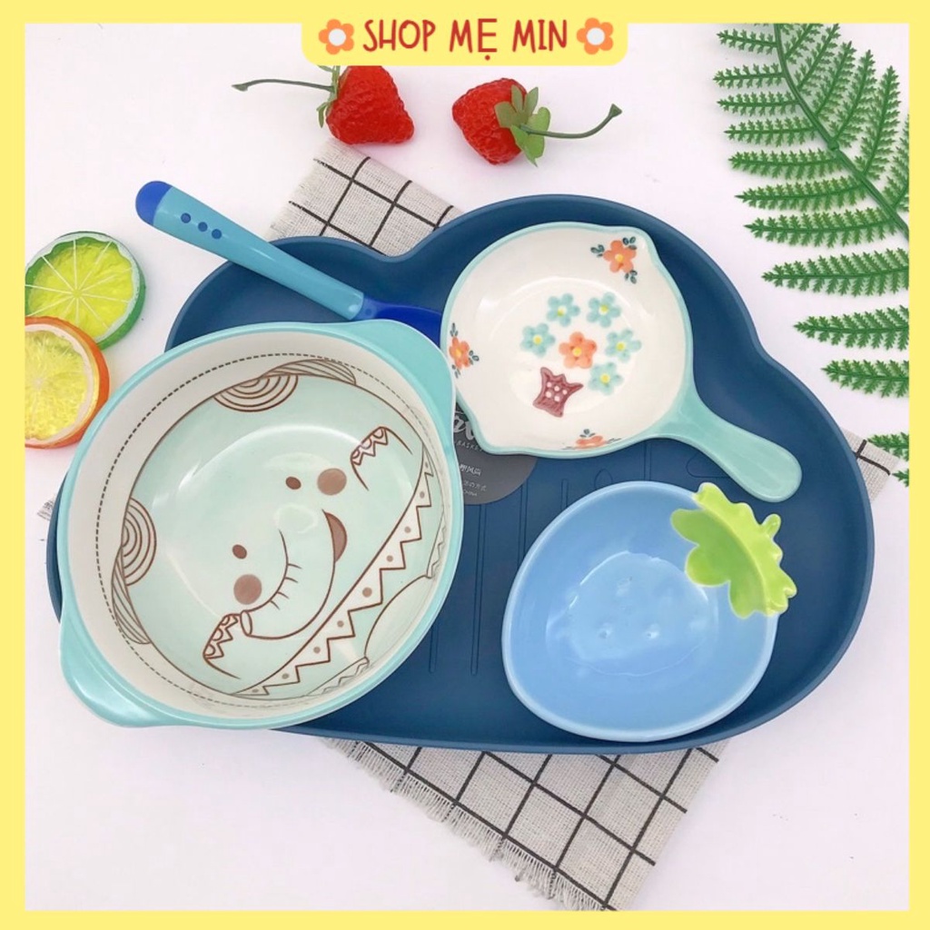 Set bát sứ kèm khay ăn dặm cho bé tập ăn dặm- tặng thìa báo nóng