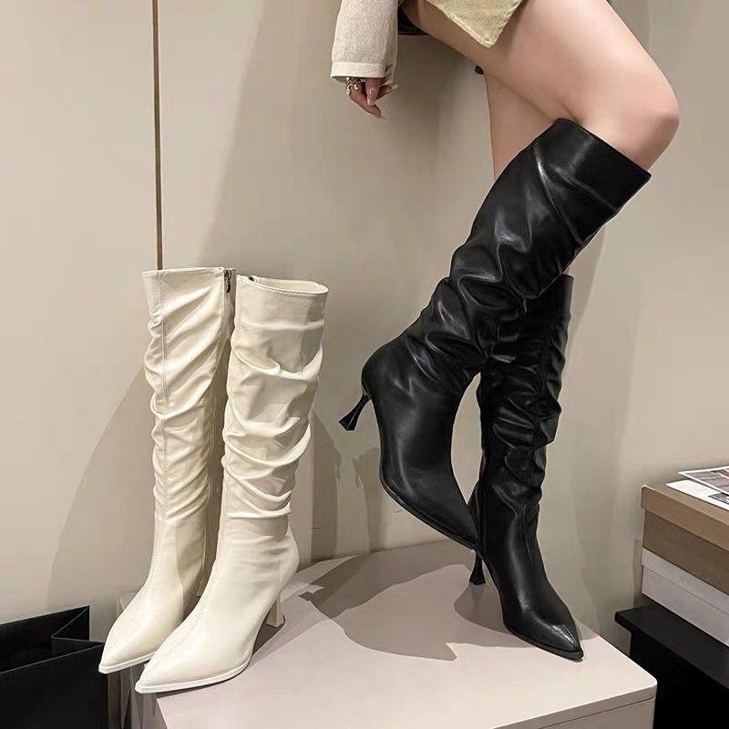 Bốt nữ da nhăn cổ cao dưới đầu gối mũi nhọn lót lông gót cao 7cm có khoá kéo