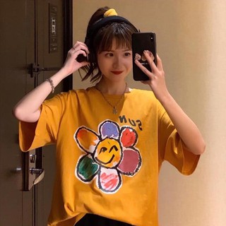 Áo thun nữ tay lỡ freesize phông form rộng dáng Unisex, mặc lớp, nhóm, cặp in hình HOA CÚC 7 MÀU CHỮ SUN màu vàng