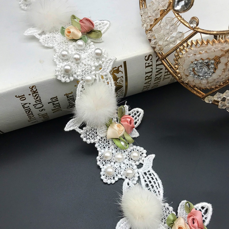 1 Yard Dây Ruy Băng Thêu Ren Hoa Hồng Đính Hạt Ngọc Trai Giả Cổ Điển Trang Trí Cô Dâu Thủ Công