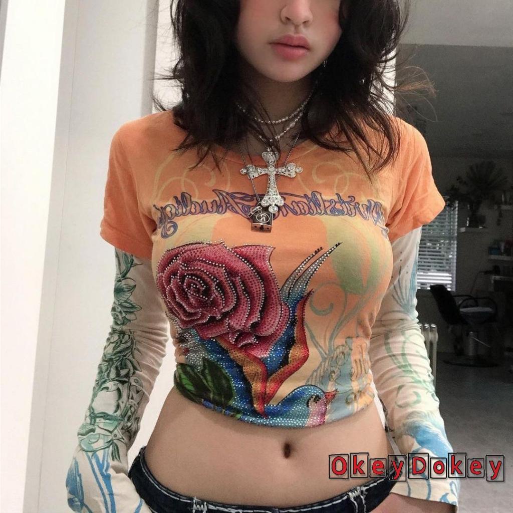 Áo thun lửng tay dài cổ tròn chắp vá họa tiết hoa đính đá cổ điển cho nữ