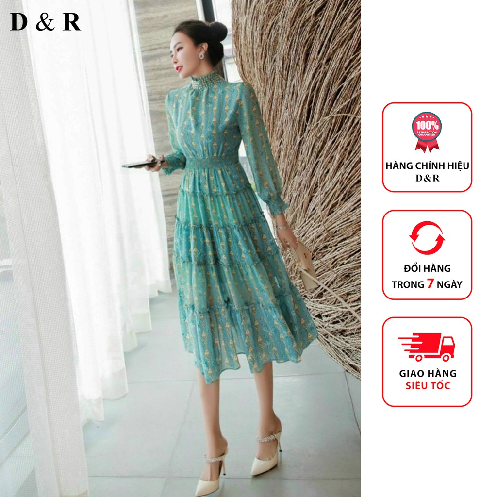 Đầm xòe voan lụa hoa nhí cổ đính hạt Quảng Châu cao cấp thương hiệu thời trang D&R D106