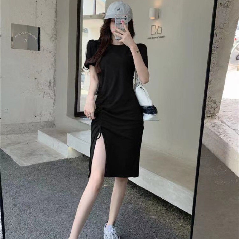 COZOK Đầm Tay Ngắn Phối Dây Rút Xẻ Tà Quyến Rũ Hợp Thời Trang