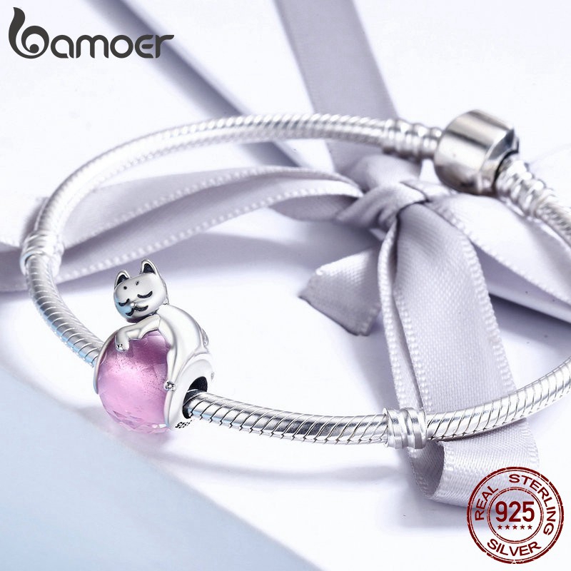 BAMOER Hạt Charm bạc 925 Hình Mèo Dễ Thương