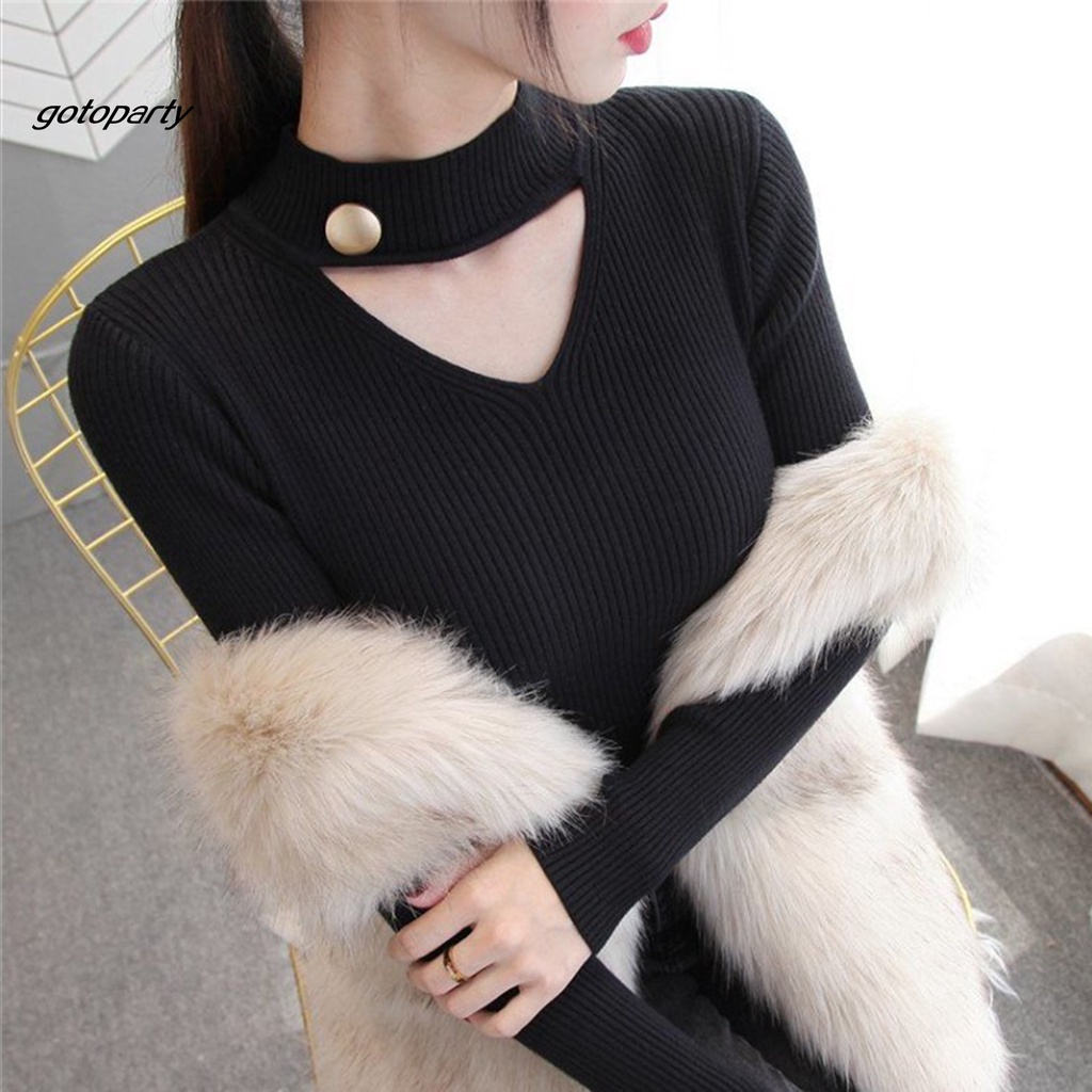 Áo dệt kim tay dài dáng ôm cài nút phối vòng cổ choker thời trang cho nữ | WebRaoVat - webraovat.net.vn