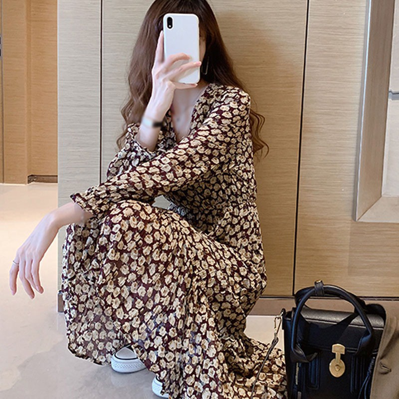 Đầm dài cổ chữ V in hoa ôm dáng phong cách Pháp thanh lịch cho nữ