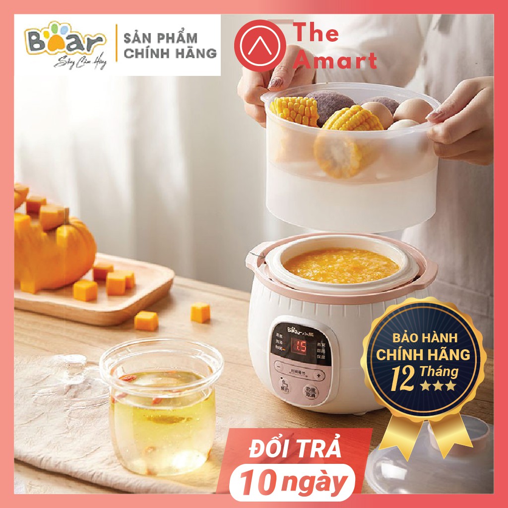 Nồi nấu cháo chậm cho bé, nồi hầm chậm Bear DDZ-B08C1, kèm lồng hấp 1L (bảo hành 12 tháng)