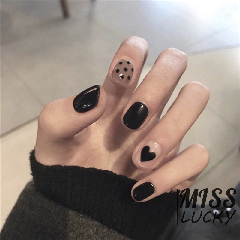 Bộ 24 Móng Tay Giả Họa Tiết Chấm Bi Đen Thời Trang Cho Nữ