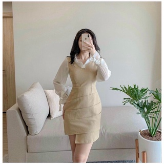 ĐẦM CỔ SƠ MI TAY PHỐI VOAN NƠ XẾP  LY THÂN XÉO