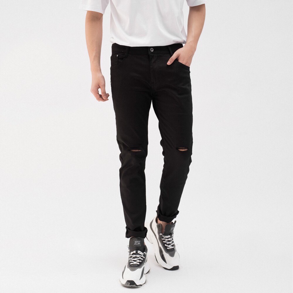 Quần Jean Nam đen rách gối kiểu dáng ôm skinny, chất liệu cao cấp co dãn, lên fomr siêu đẹp. Quần bò nam jin nam