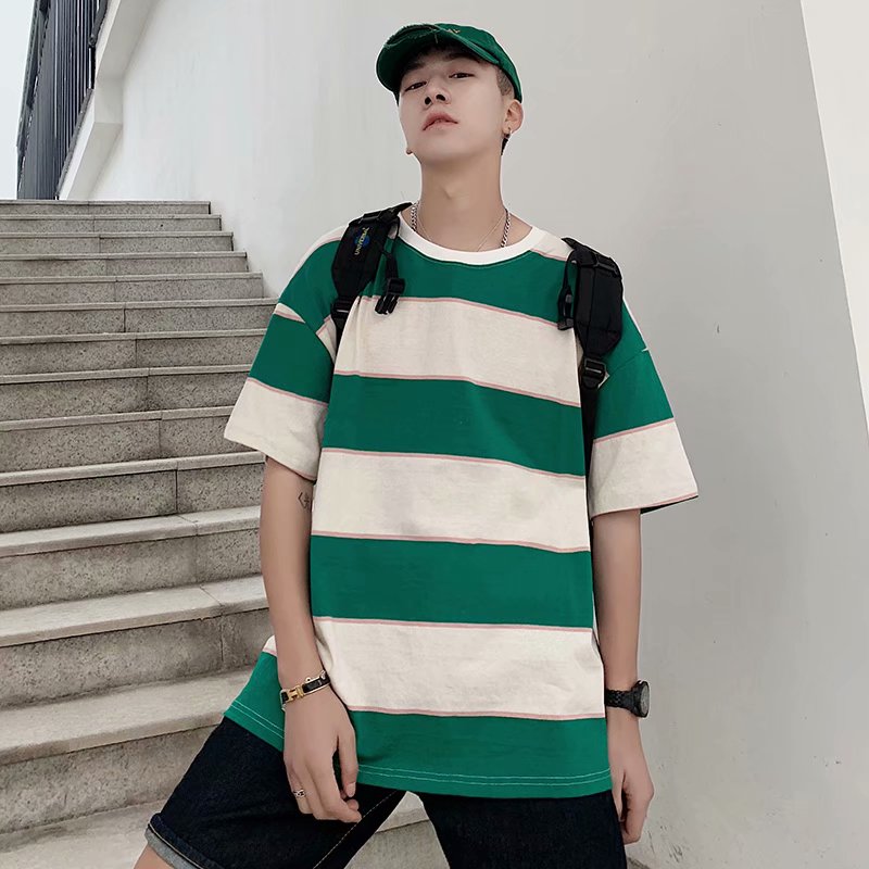 Áo Thun Cổ Tròn Tay Ngắn Dáng Rộng Họa Tiết Kẻ Sọc size Lớn M-8XL Thời Trang Cho Nam Và Nữ