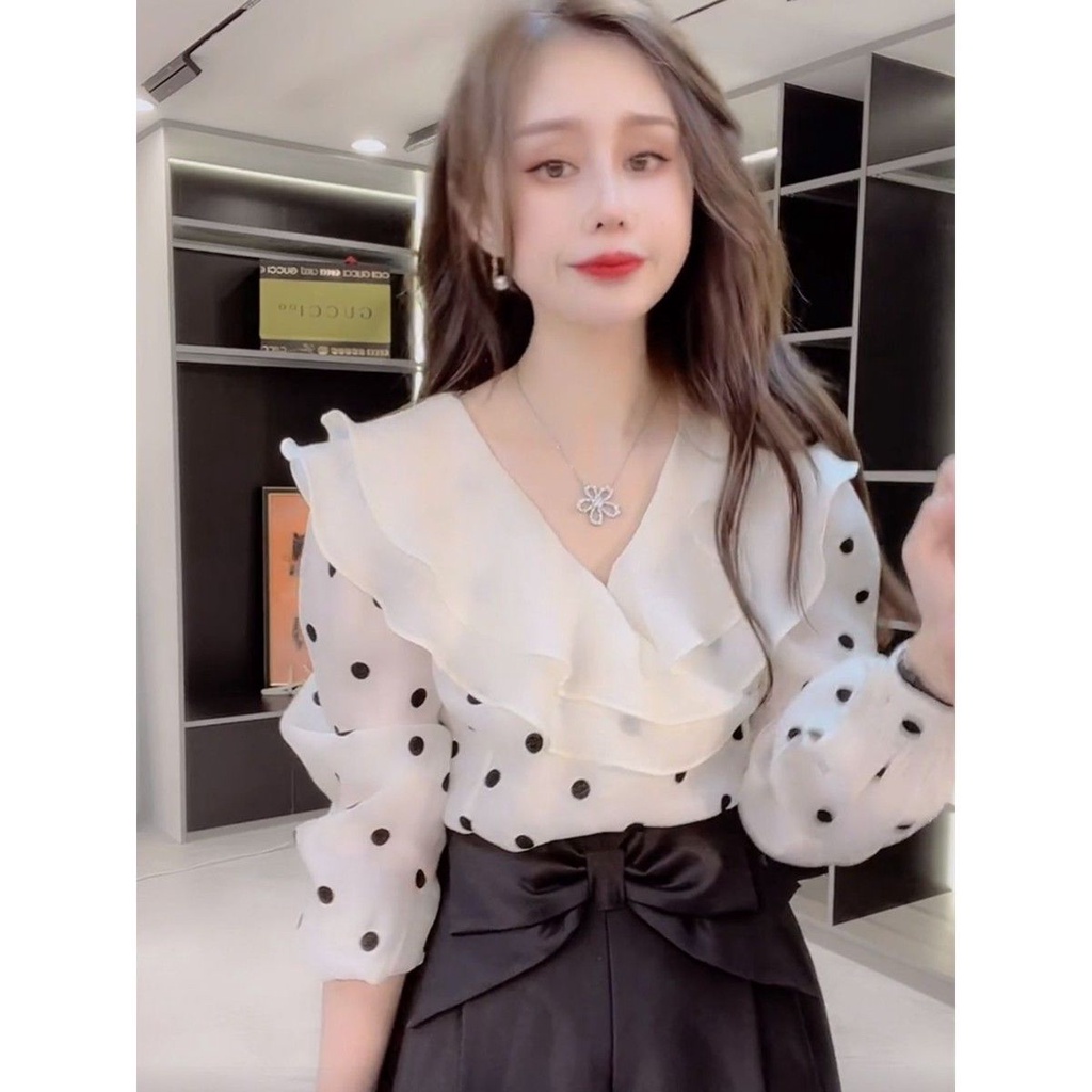 Áo Sơ Mi Chiffon Họa Tiết Chấm Bi Phong Cách Châu Âu Thời Trang Mùa Thu Cho Nữ