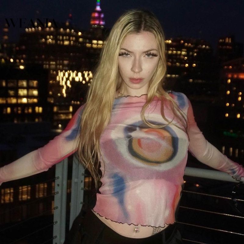 Áo Thun Tay Dài In Họa Tiết Phối Lưới Thời Trang Trẻ Trung