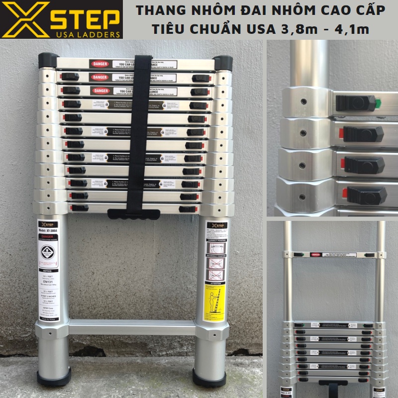 Thang nhôm rút đơn 4m1 Xstep  XT-410A NEW đai nhôm - bậc nhôm - ống nhôm cao cấp