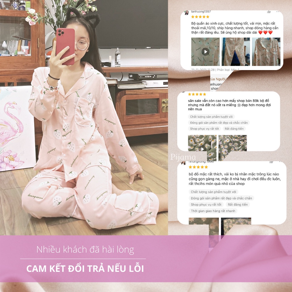 Pijama lụa EMBEAUTY đồ ngủ nữ, bộ mặc nhà dài tay, lụ.a mango họa tiết cúc, sau sinh, freesize CÓ FREESHIP TẶNG QUÀ_EM01