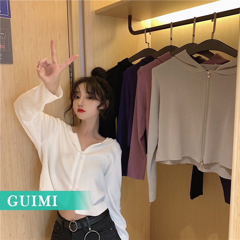 Áo Croptop Tay Dài Có Mũ Trùm Đầu Cho Nữ