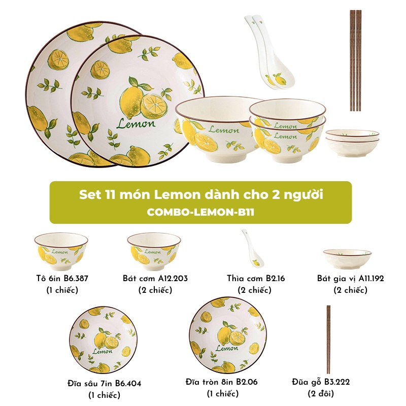 Bát đĩa - Các set bát đĩa họa tiết lemon xinh xắn sang trọng - dành cho gia đình 2-4-6 người