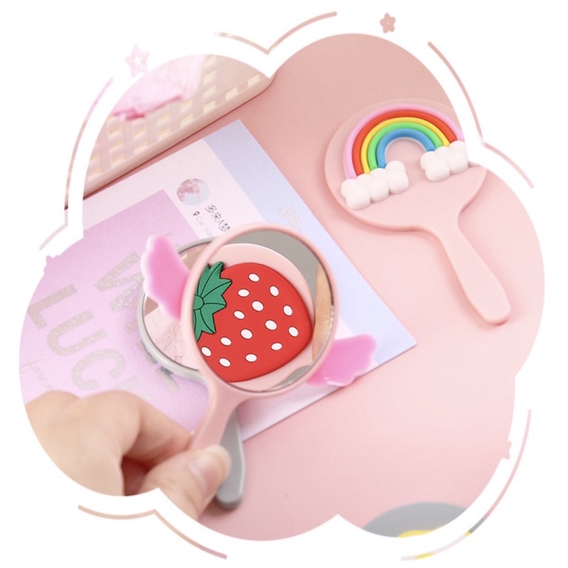 Gương trang điểm Gương mini cầm tay bỏ túi dán tròn có cán cầm tiện dụng hoạt tiết hoạt hịnh dễ thương