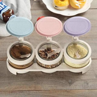 Combo 3 hũ đựng gia vị nhà bếp bằng thủy tinh cao cấp, khay đựng bằng nhựa lúa mạch