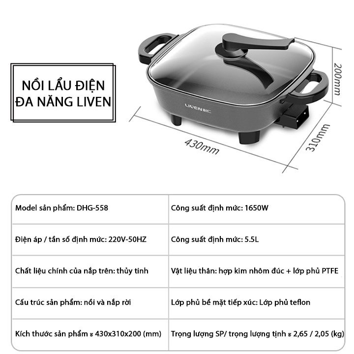 Nồi lẩu điện đa năng 5 trong 1 dung tích 5.5 lít cho gia đình 4 – 6 người cao cấp