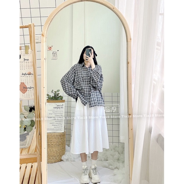 Áo somi kẻ oversize Tia19 . Áo sơmi ulzzang tay bồng ( Ảnh thật)