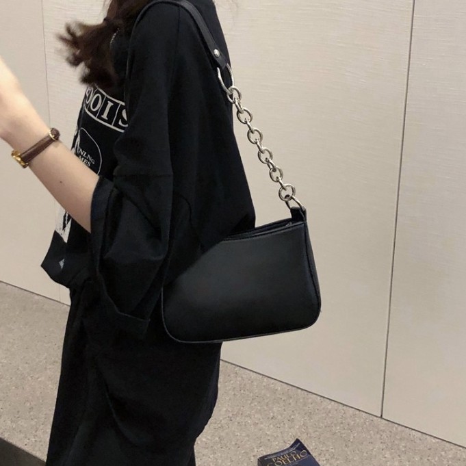 [Hàng hottrend] Túi đeo vai da PU móc xích có khóa kéo phong cách Hàn Quốc