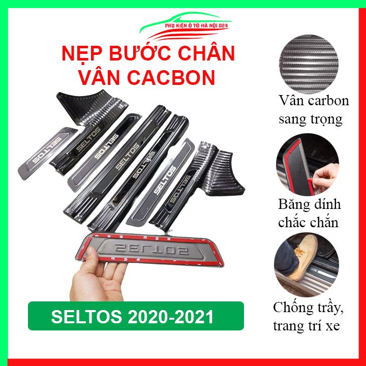 Ốp bậc cửa, nẹp bước chân Seltos 2020 2021 vân cacbon chống trầy bảo vệ trang trí xe