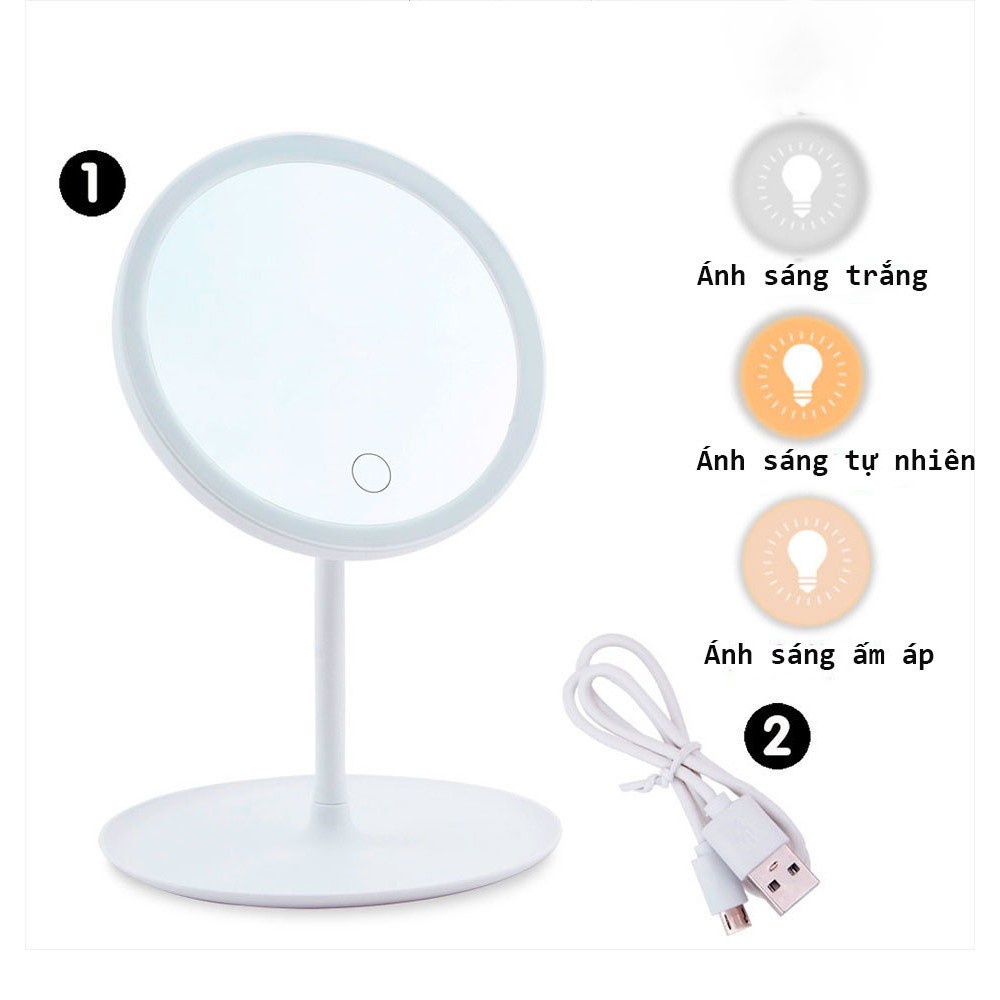 Gương Để Bàn Trang Điểm, Gương Đèn Led Cảm Ứng Mẫu Tròn