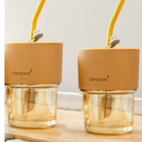 Ly thủy tinh, cốc uống nước cách nhiệt 450ml kèm bao da và ống hút sang trọng