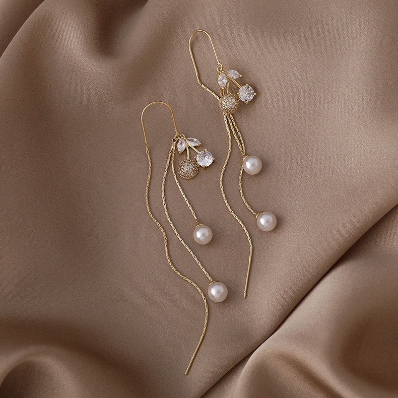 Bông tai dài tua rua đính đá pha lê hình quả cherry thời trang 2021 cho nữ