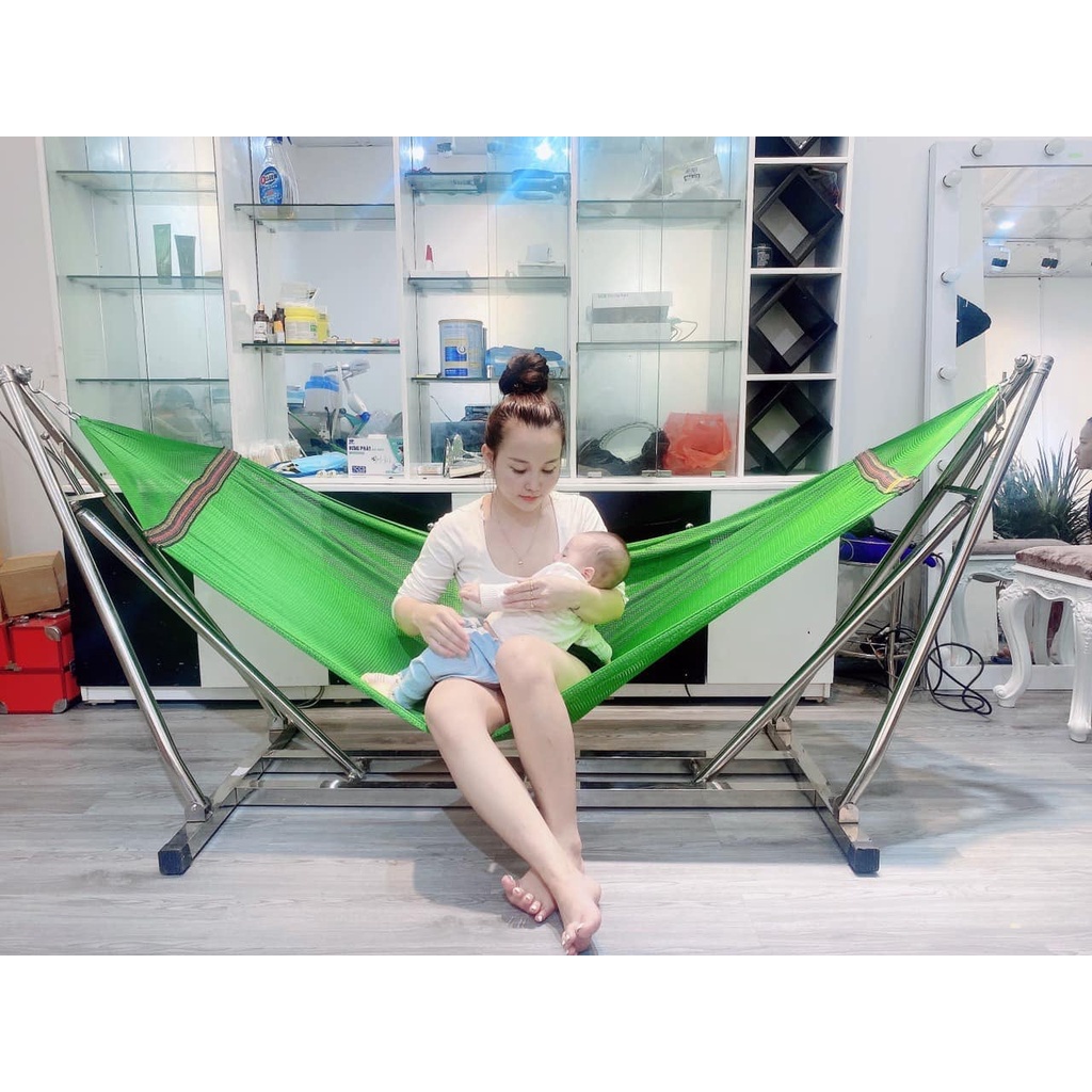 võng xếp khung vuông inox cao cấp kèm lưới cán thép cỡ đại trọn bộ giá võng xếp