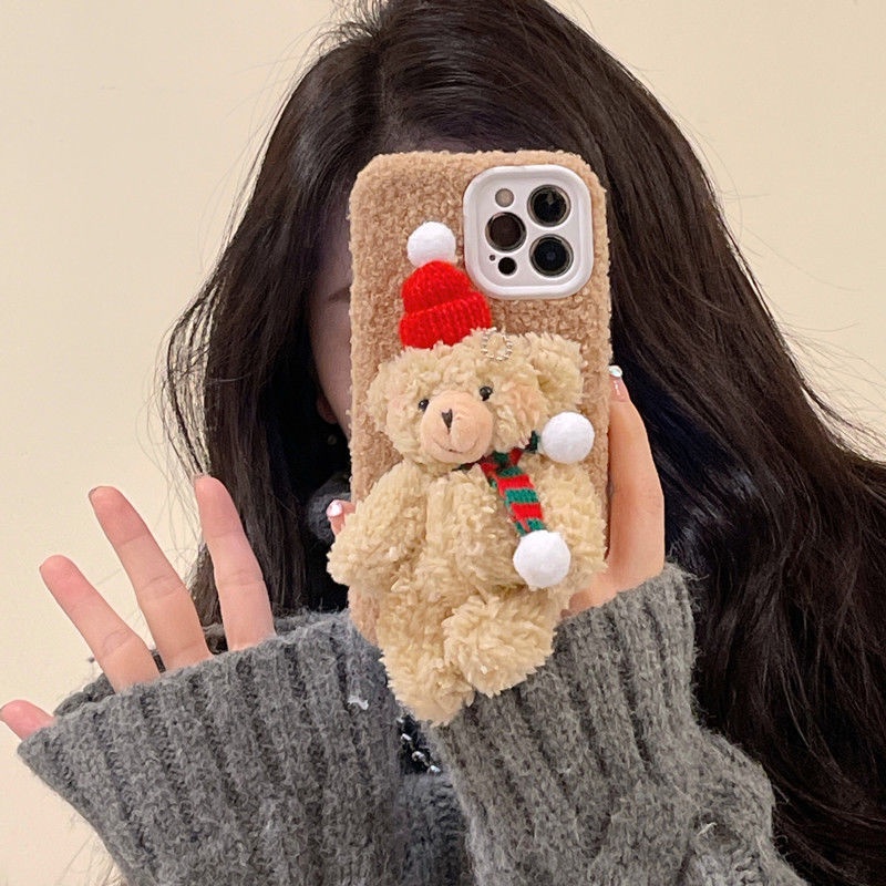 Ốp Điện Thoại Vải Lông Hình Gấu Giáng Sinh Cho Iphone 11 x 12 13pro xsmax xr 8plus 7