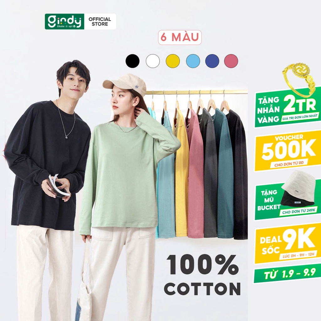 Áo thun phông nam nữ trơn dài tay form rộng GINDY xuân hè basic cổ tròn vải cotton 100% co dãn 4 chiều A033