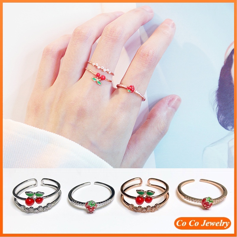 Nhẫn Hở Họa Tiết Quả Dâu Tây/Cherry Đơn Giản Dễ Thương Có Thể Điều Chỉnh
