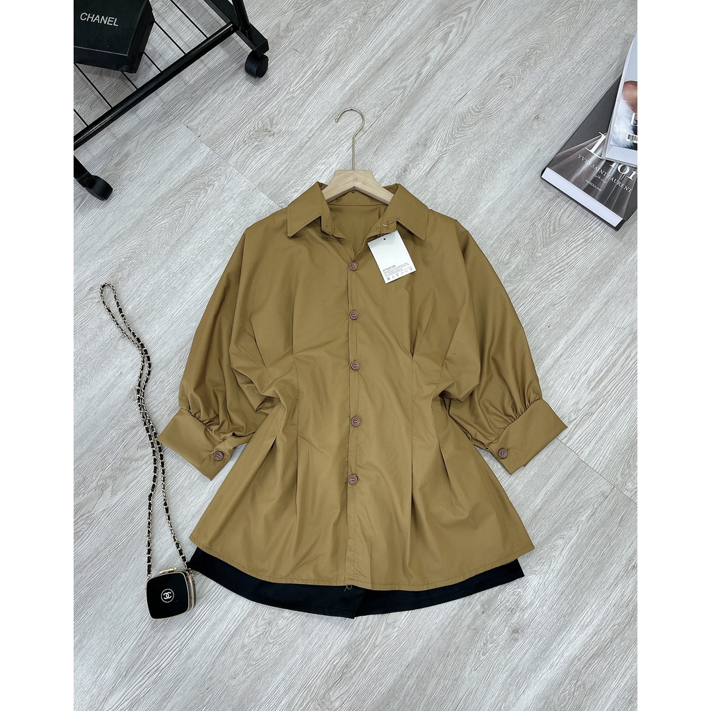 Set áo sơ mi nâu nhún eo mix quần đùi tacta LD136