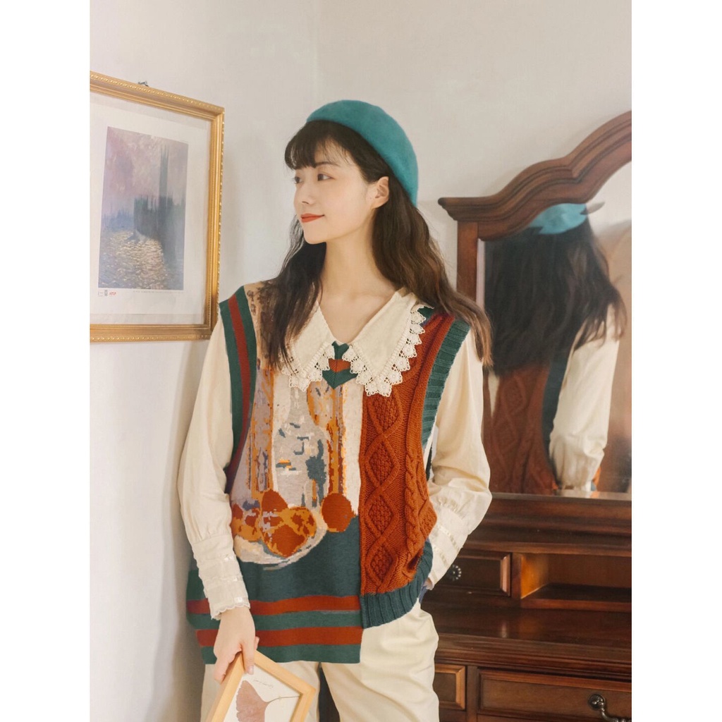 Set áo sơ mi dài tay + áo khoác len không tay phong cách retro dành cho nữ